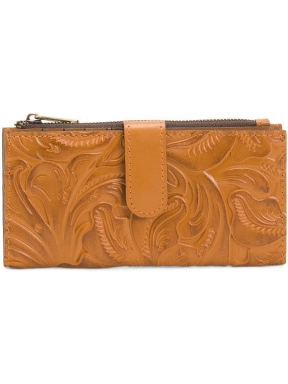 Stylish RFID-Blocking Bifold Wallet for Women, Tooled Full-Grain Leather, Cognac